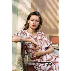 Anthropologie Nicole Feather Pattern Linen Puff Sleeved Shirt Dress Size MP